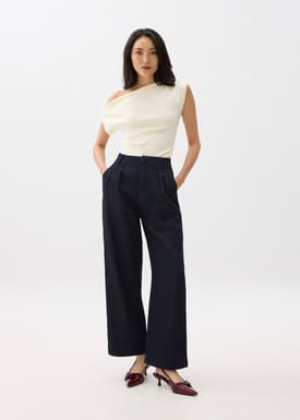 Denim Elastic Pleated Straight Leg Jeans