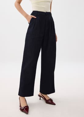 Denim Elastic Pleated Straight Leg Jeans