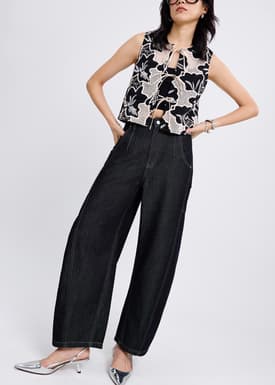 Denim Mid Waist Panelled Barrel Jeans