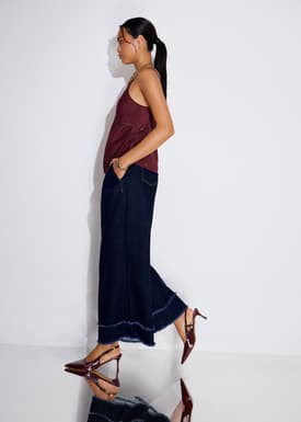 Denim Frayed Hem Mid Waist Wide Leg Jeans