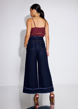 Denim Frayed Hem Mid Waist Wide Leg Jeans
