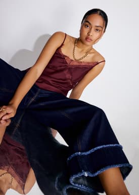 Denim Frayed Hem Mid Waist Wide Leg Jeans