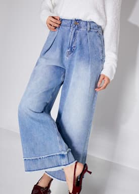 Denim Frayed Hem Mid Waist Wide Leg Jeans