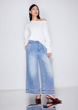 Denim Frayed Hem Mid Waist Wide Leg Jeans
