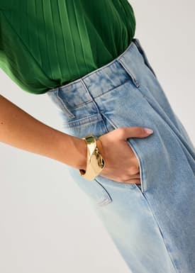 Denim Front Pleat Mid Waist Wide Leg Jeans