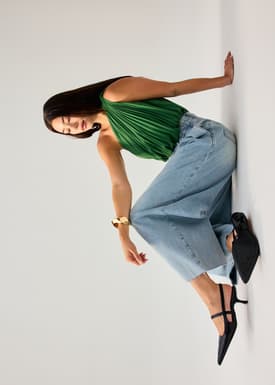 Denim Front Pleat Mid Waist Wide Leg Jeans