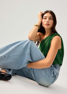 Denim Front Pleat Mid Waist Wide Leg Jeans