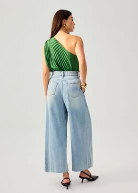 Denim Front Pleat Mid Waist Wide Leg Jeans