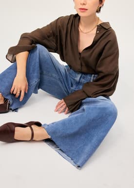 Denim Front Pleat Mid Waist Wide Leg Jeans