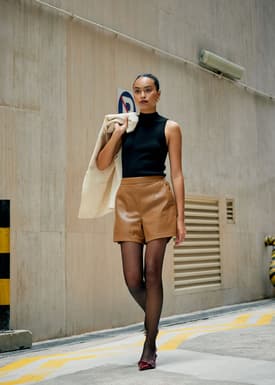 Elastic Vegan Leather High Waist A-line Shorts