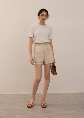 Belted Contrast Stitch High Waist Shorts
