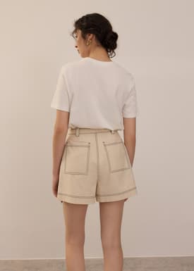 Belted Contrast Stitch High Waist Shorts