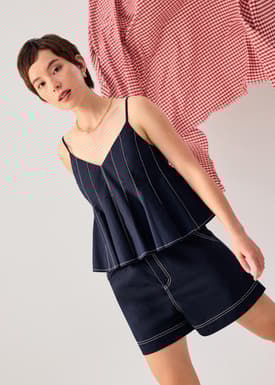 Belted Contrast Stitch High Waist Shorts