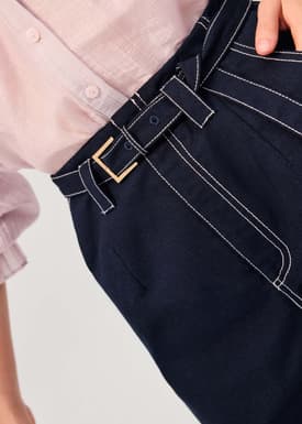 Belted Contrast Stitch High Waist Shorts
