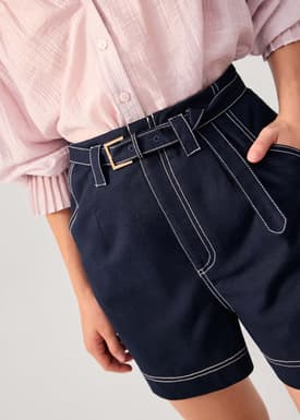 Belted Contrast Stitch High Waist Shorts