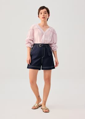 Belted Contrast Stitch High Waist Shorts