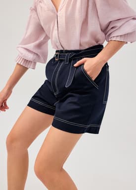 Belted Contrast Stitch High Waist Shorts
