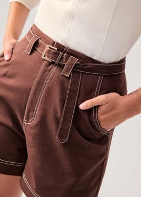 Belted Contrast Stitch High Waist Shorts