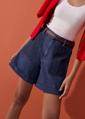 Denim High Waist A-line Cuffed Shorts