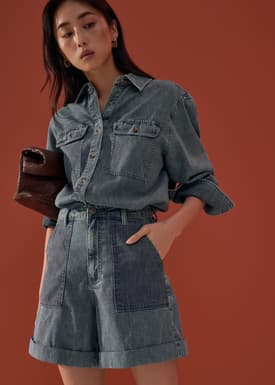 Denim High Waist A-line Cuffed Shorts