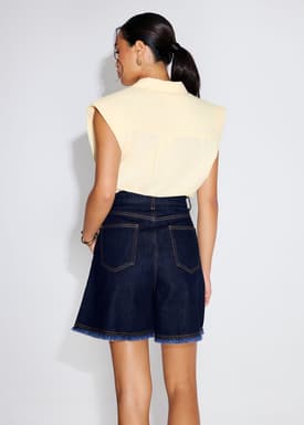 Denim Frayed Hem High Waist Bermuda Shorts