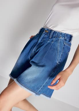 Denim Frayed Hem High Waist Bermuda Shorts