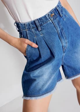 Denim Frayed Hem High Waist Bermuda Shorts
