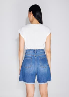 Denim Frayed Hem High Waist Bermuda Shorts