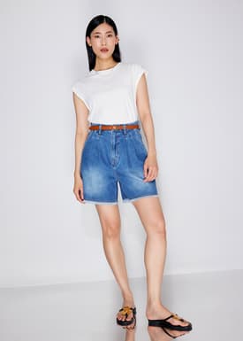 Denim Frayed Hem High Waist Bermuda Shorts