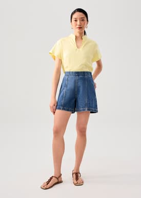 Elastic Denim Mid Waist A-line Shorts