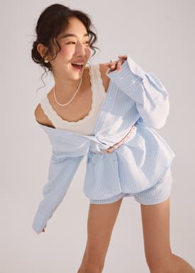 Elastic Striped Cotton Scallop Trim A-line Shorts