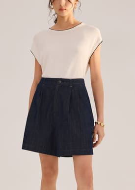 Denim Front Pleat A-Line Bermuda Shorts