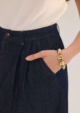 Denim Front Pleat A-Line Bermuda Shorts