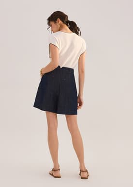 Denim Front Pleat A-Line Bermuda Shorts