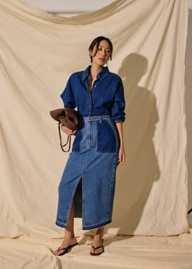 Denim High Waist Column Midaxi Skirt