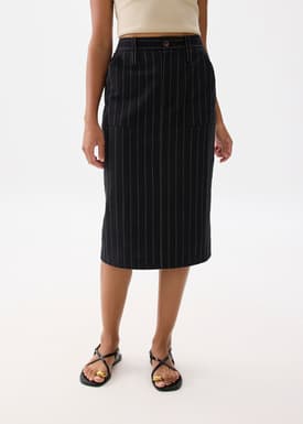Striped Linen High Waist Column Midi Skirt