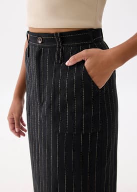 Striped Linen High Waist Column Midi Skirt