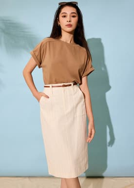 Striped Linen High Waist Column Midi Skirt