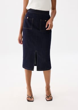 Denim High Waist Column Midi Skirt