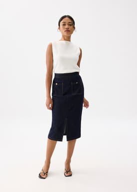 Denim High Waist Column Midi Skirt