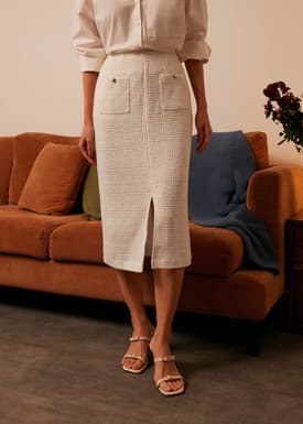 High Waist Tweed Column Midi Skirt