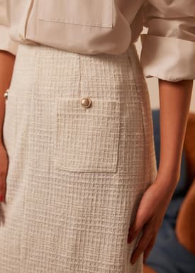 High Waist Tweed Column Midi Skirt