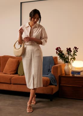 High Waist Tweed Column Midi Skirt