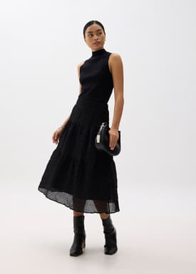 High Waist Crinkled Tiered Flare Midi Skirt