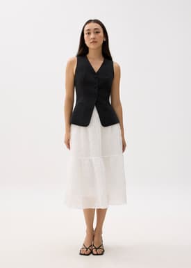 High Waist Crinkled Tiered Flare Midi Skirt