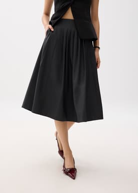 High Waist Pleated Flare Midi Skirt