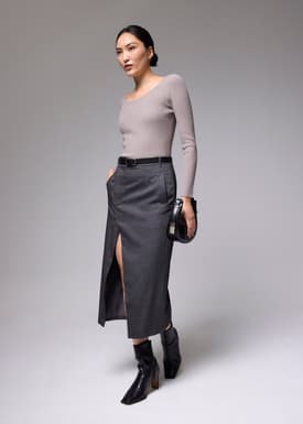 Pinstripe Front Slit Column Midi Skirt