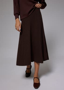 Elastic Ribbed Knit Flare Midi Skirt