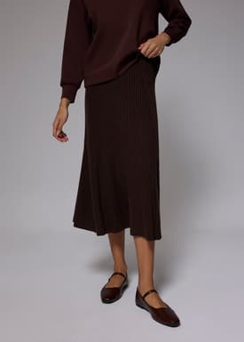 Elastic Ribbed Knit Flare Midi Skirt