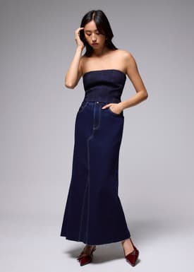 Denim Mid Waist A-line Maxi Skirt